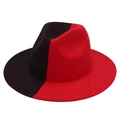 Detail view of the high-quality red and black felt stitching on the classic fedora hat - One Size (Yin-Yang Hat) / Black + Red
