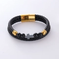 Double-layer braided black leather bracelet with golden magnetic clasp and silver cross - Black Bead
