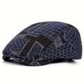 British style checkered patchwork beret hat in dark blue and black knit for autumn - Adjustable / Navy Blue