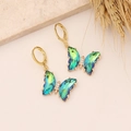 Gradient butterfly earrings in 18K gold finish with sparkling blue-green crystals - Peacock Green