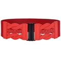 Detail of red wide elastic belt with woven leather patch and matte black buckle closure - Red With Black Buckle