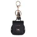Black PU leather mini earphone bag keychain with tassel and golden camellia flower - Black