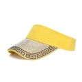 Detailed view of yellow knit sun visor featuring sparkling rhinestones and Greek key pattern - Adjustable / Yellow