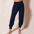 Detail of high waist elastic waistband on navy blue harem style yoga joggers - S / Navy Blue