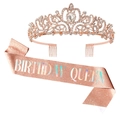 Birthday Queen rose gold tiara and holographic sash set for women birthday party - One Size / Set 14 (Rose Gold Crown + Rose Gold Queen Sash)