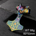 Rainbow finish Viking hammer pendant with wolf head and Celtic knot design weighing 88g - Rainbow Wolf Head Thor's Hammer Style (KP98146-JX)