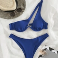 Dark blue ribbed bikini set with one-shoulder cut-out top and matching bottoms - XS / Sapphire Blue