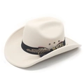 Detail of ethnic western cowboy hat with decorative bow and feather on wool felt - Beige