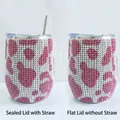 Pink rhinestone 12oz stainless steel wine tumbler with leopard heart glitter patterns - Cow Pattern Red
