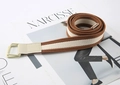 Detail of striped canvas belt with double D-ring buckle and premium leather ends - Tan & Beige Striped (Beige Buckle)