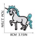 Detail showing embroidered unicorn patch with size labels 8cm by 7cm on white background - Cyan Mane Unicorn (20)