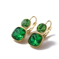Elegant gold titanium earrings featuring square and round emerald green crystal drops - Olive + Emerald