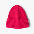 Deep pink thick knit beanie with vertical ribbed texture and wide folded cuff - One Size / Rose Red