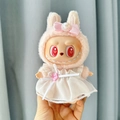 Pink rabbit ear plush outfit with tulle dress for Labubu party collection doll - Pink Button White Tulle Skirt / First And Second Generation Keychains Are Compatible With La Cloth Dolls. Dolls Not Included.