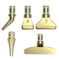 Set of 5 gold-colored stainless steel heat gun nozzles in various shapes and sizes - 1-Drill + 4-Drill + 7-Drill + Elbow + Correction Head