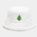 Detailed view of white plush bucket hat with festive Christmas tree embroidery - M / Christmas Tree Pattern White