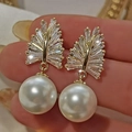 Baroque style pearl earrings with zircon wheat ears in gold finish for women - Gold