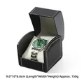 Black PU leather watch box with white stitching and green dial stainless steel wristwatch - Black Exterior Cream Interior Chair Style / Black