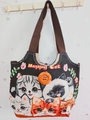 Ethno-Canvas-Tasche mit Happy-Cat-Stickerei und einem großen runden Holzknopfverschluss - Stil 39-Schwarz HappyCat Katzen
