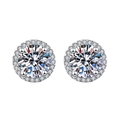 Classic silver halo stud earrings with round moissanite center stone on white background - TED268-Round Halo Stud Earrings