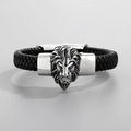 Men's punk woven leather bracelet featuring a silver lion head charm with metal clasp - Steel Color Lion Head (KB80477-BD)