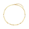 Detail view of gold circular discs and pearls on necklace with adjustable lobster clasp - Necklace