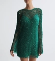 Mini abito verde smeraldo con paillettes, rete trasparente e maniche lunghe su modella - Taglia S / Set / Verde Scuro
