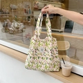 Borsa tote in tela con stampa di tulipani bianco sporco con fiori rosa e manici lunghi - Ramo di Tulipano Rosa
