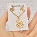 Golden stainless steel heart jewelry set featuring mother and child pendant and studs - Mother and Child / Gold