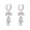 Close-up of silver ribbon earrings with pink heart zircon and starry bell detail - Platinum Bow Bell