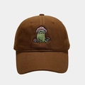 Close-up of cute green frog and mushroom embroidery on brown cotton baseball cap - Adjustable / Brown