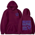 Women's burgundy pullover hoodie with Wild Wave print and front kangaroo pocket - S / Wine Red (Retro Print)