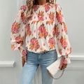 Elegant white floral chiffon blouse with puff sleeves and pleated high neckline style - S / Apricot