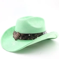Detailed view of mint green suede cowboy hat with vintage buckle and rhinestone heart - M (56-58cm) / Fruit Green