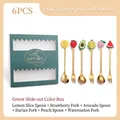 6-piece stainless steel cutlery set with cute silicone fruit charms in a green gift box - Fruit 6PCS Set (Lemon Slice Spoon/Strawberry Fork/Avocado Spoon/Durian Fork/Peach Spoon/Watermelon Fork)