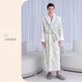 Unisex pea green floral thick fleece robe with white plush lapels and long belt - M / Male Style / Bean Green