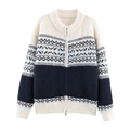 Cárdigan de punto Fair Isle con cremallera doble y patrones geométricos en azul y blanco - S / Blanco lechoso