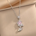 Zilveren tulp ketting met roze hart zirkoon en sprankelende kristallen in geschenkdoos - Zilveren Hart Roos (501)