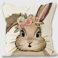 Linen Easter pillow cover featuring a cute bunny with flower wreath and golden whiskers - Wreath Rabbit Illustration
