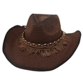 Dark brown straw western cowboy hat with woven fringe band and metallic chain detail - One Size(56-58cm) / Coffee (With Coffee Tassels)