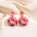 Elegant gold flower earrings with pink enamel floral spheres for a feminine aesthetic - Pink