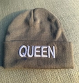 Grey knitted beanie featuring white QUEEN embroidery with a stylish folded cuff design - Grey White QUEEN