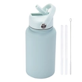 Light blue 650ml stainless steel thermos bottle with handle, straws, and cleaning brush - Cyan White