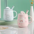 Cartoon cat ceramic mug set with lid and paw spoon in pastel pink and blue colors - Cartoon Cat Style (5105621618392)