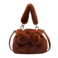 Chic brown plush bucket bag with pom-pom details and heart-shaped metal rings - Caramel color