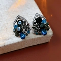Teardrop cluster earrings with blue and black crystals and ceramic flower design - Teardrop Colorblock Flower / Black