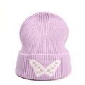 Detail of light purple knit beanie with white butterfly jacquard on the fold-over cuff - One Size (Elastic) / Light Purple