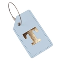 Light blue PU leather luggage tag with gold letter T and durable steel wire loop - Light Blue T