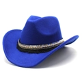 Close-up of blue felt cowboy hat with bohemian sequin band and colorful fringe detail - M (56-58cm) / Sapphire Blue
