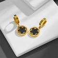 Gold-plated hoop earrings with hollow round pendants and black floral shell inlays - Black Petal Style (G404) / Gold Black